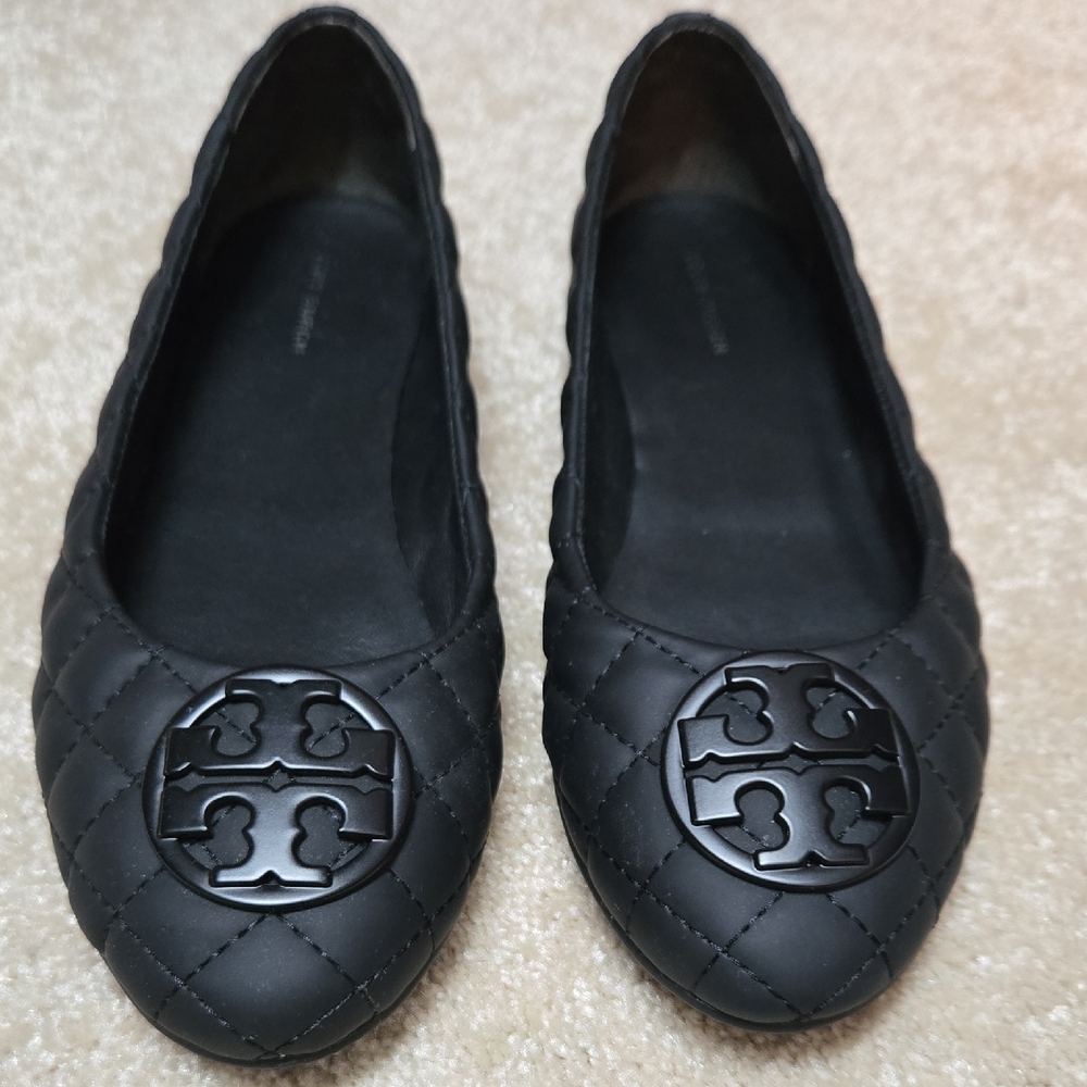 Tory Burch Quilted Black Leather Flats with Logo